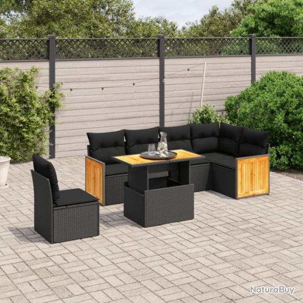 Salon de jardin 7 pcs avec coussins noir rsine tresse