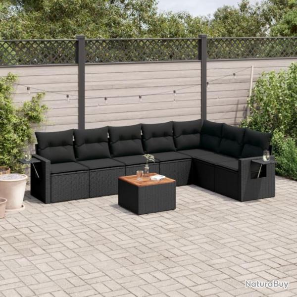 Salon de jardin 8 pcs avec coussins noir rsine tresse