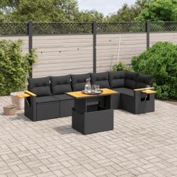 Salon de jardin 7 pcs avec coussins noir résine tressée