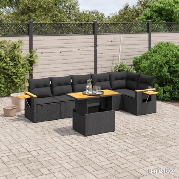 Salon de jardin 7 pcs avec coussins noir rsine tresse