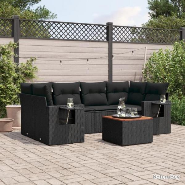 Salon de jardin 7 pcs avec coussins noir rsine tresse