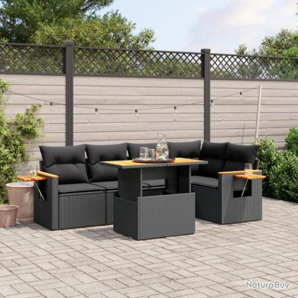 Salon de jardin 6 pcs avec coussins noir rsine tresse