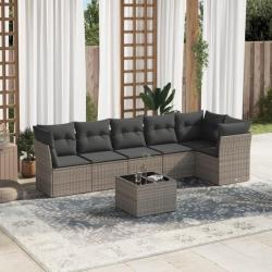 Salon de jardin avec coussins 7 pcs gris résine tressée