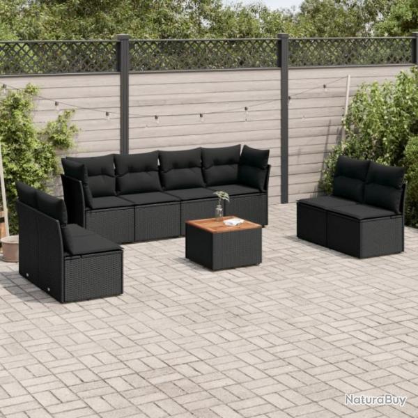 Salon de jardin 9 pcs avec coussins noir rsine tresse