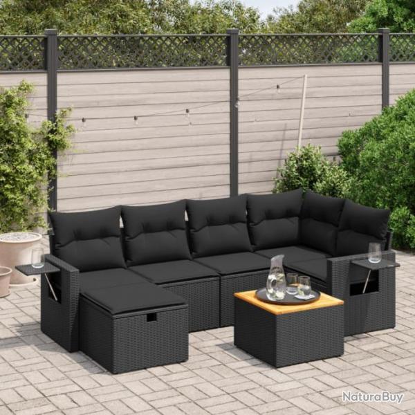 Salon de jardin 7 pcs avec coussins noir rsine tresse