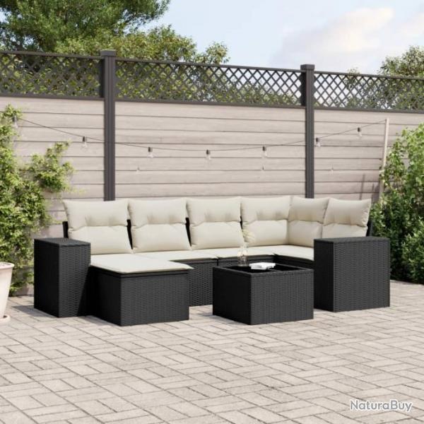 Salon de jardin 7 pcs avec coussins noir rsine tresse