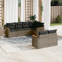 Salon de jardin avec coussins 7 pcs gris résine tressée