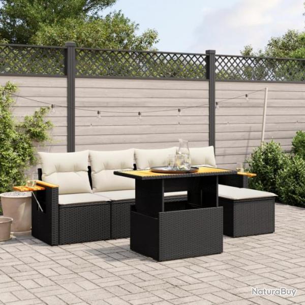 Salon de jardin 6 pcs avec coussins noir rsine tresse