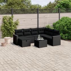 Salon de jardin 8 pcs avec coussins noir résine tressée