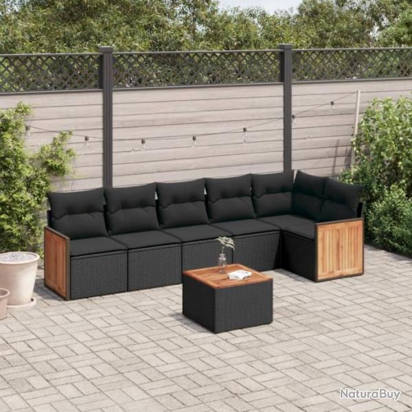 Salon de jardin 7 pcs avec coussins noir rsine tresse