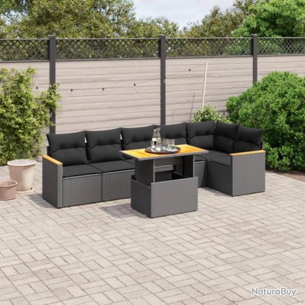 Salon de jardin 7 pcs avec coussins noir rsine tresse