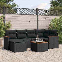 Salon de jardin 7 pcs avec coussins noir résine tressée