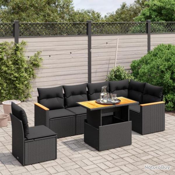 Salon de jardin 7 pcs avec coussins noir rsine tresse