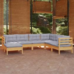Salon de jardin 7 pcs avec coussins gris bois de pin solide