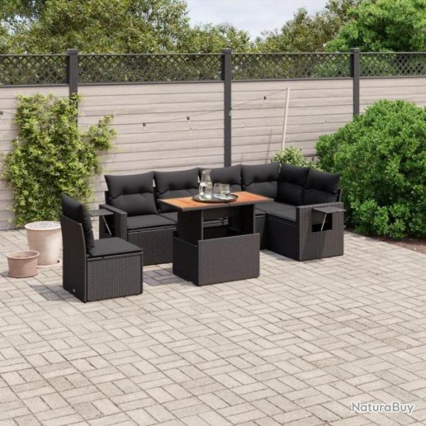 Salon de jardin 7 pcs avec coussins noir rsine tresse