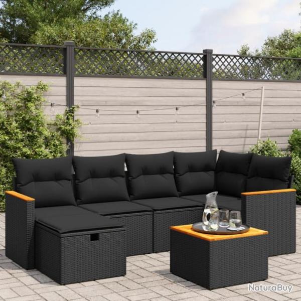 Salon de jardin 7 pcs avec coussins noir rsine tresse