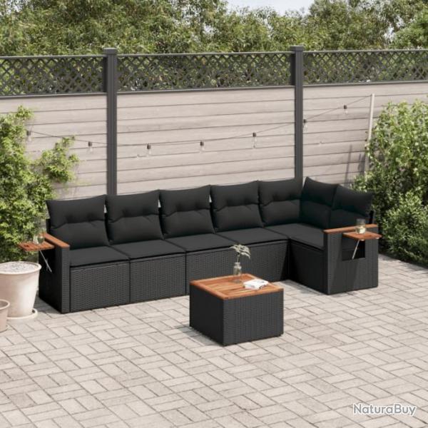 Salon de jardin 7 pcs avec coussins noir rsine tresse