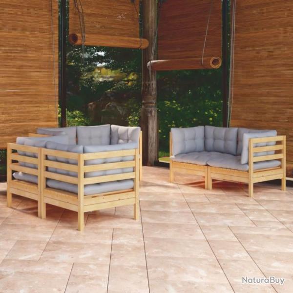 Salon de jardin 6 pcs avec coussins gris Bois de pin massif