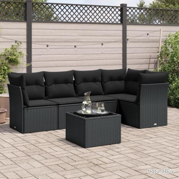 Salon de jardin 6 pcs avec coussins noir rsine tresse