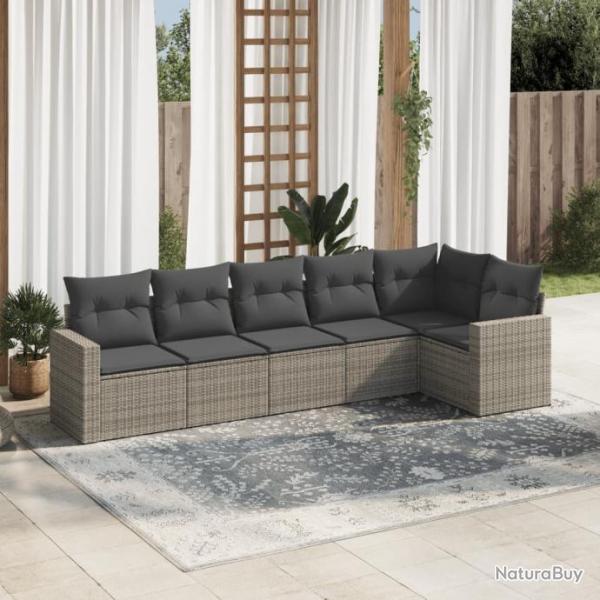 Salon de jardin 6 pcs avec coussins gris rsine tresse