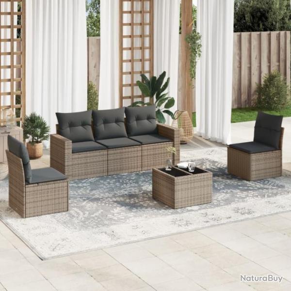 Salon de jardin 6 pcs avec coussins gris rsine tresse