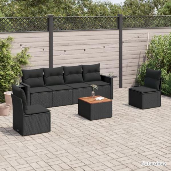 Salon de jardin 7 pcs avec coussins noir rsine tresse