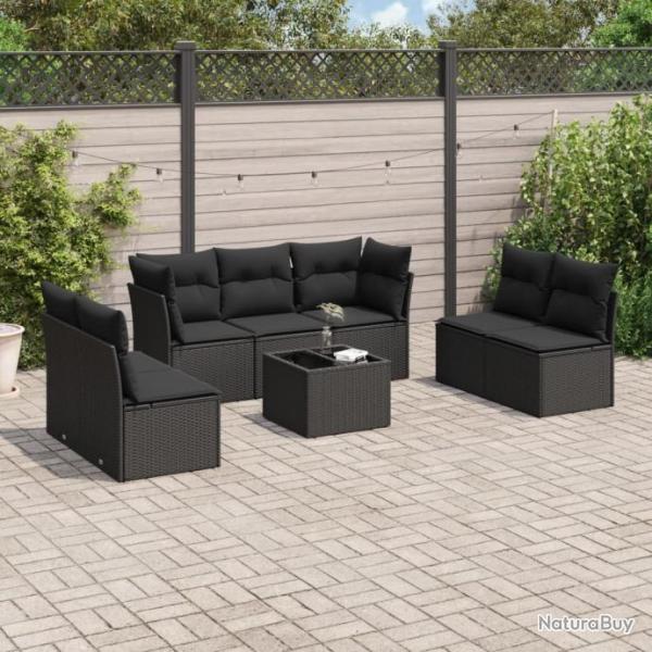 Salon de jardin 8 pcs avec coussins noir rsine tresse