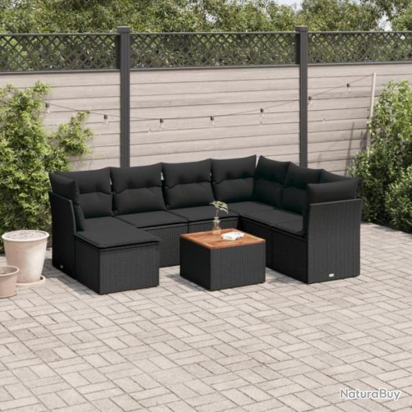 Salon de jardin 8 pcs avec coussins noir rsine tresse