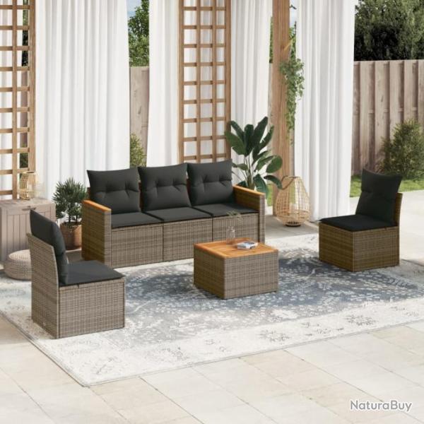 Salon de jardin 6 pcs avec coussins gris rsine tresse