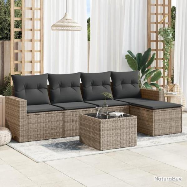 Salon de jardin 6 pcs avec coussins gris rsine tresse