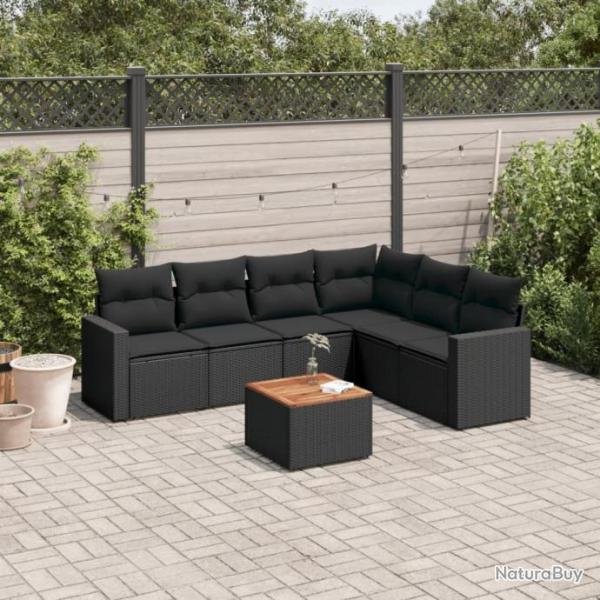 Salon de jardin 7 pcs avec coussins noir rsine tresse