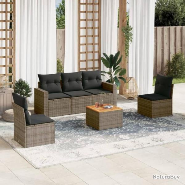 Salon de jardin 6 pcs avec coussins gris rsine tresse