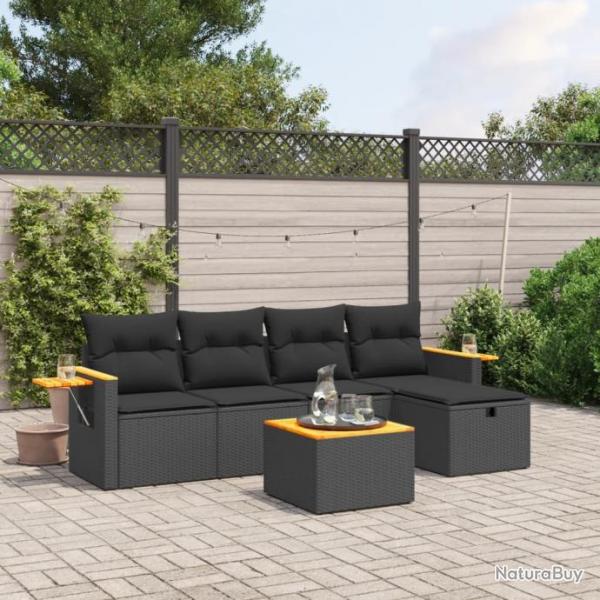 Salon de jardin 6 pcs avec coussins noir rsine tresse