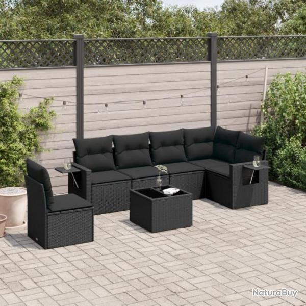 Salon de jardin 7 pcs avec coussins noir rsine tresse