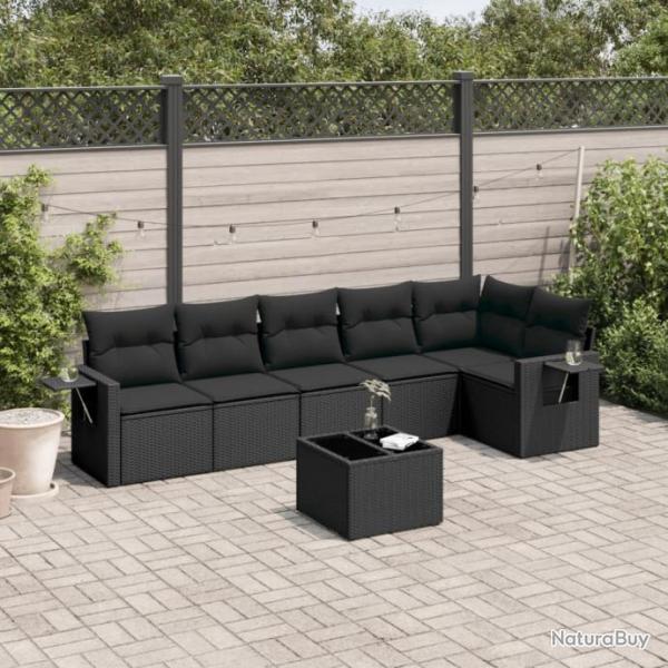 Salon de jardin 7 pcs avec coussins noir rsine tresse