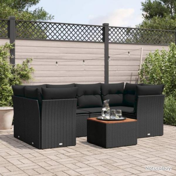 Salon de jardin 7 pcs avec coussins noir rsine tresse