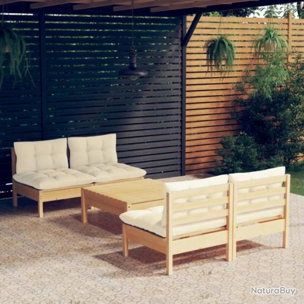 Salon de jardin 5 pcs avec coussins crme bois de pin