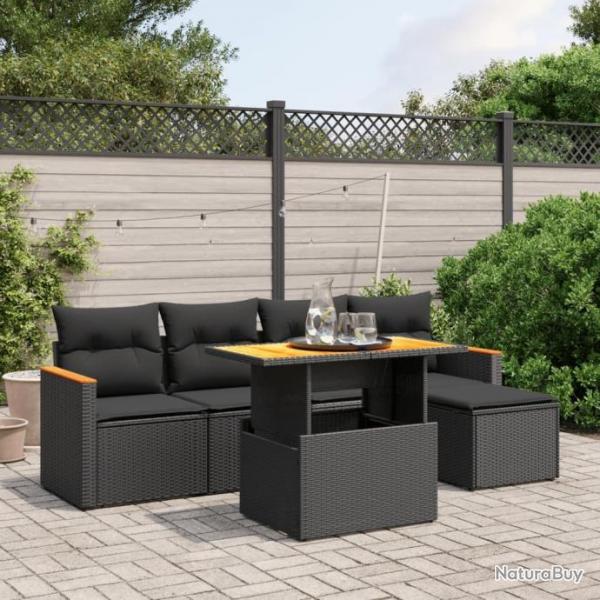 Salon de jardin 6 pcs avec coussins noir rsine tresse