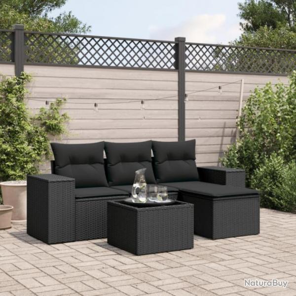 Salon de jardin 5 pcs avec coussins noir rsine tresse