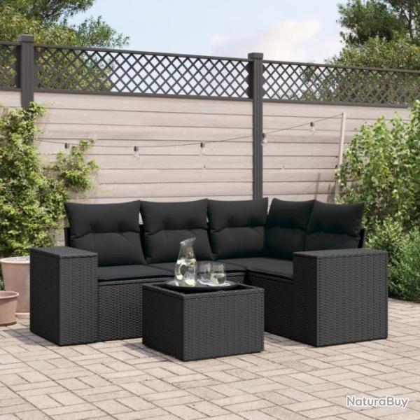 Salon de jardin 5 pcs avec coussins noir rsine tresse