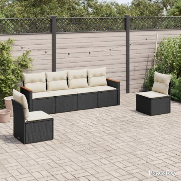 Salon de jardin 6 pcs avec coussins noir rsine tresse