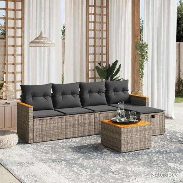 Salon de jardin 6 pcs avec coussins gris rsine tresse