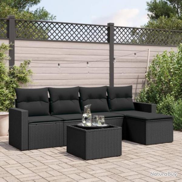 Salon de jardin 6 pcs avec coussins noir rsine tresse