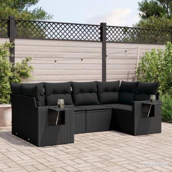 Salon de jardin 6 pcs avec coussins noir rsine tresse