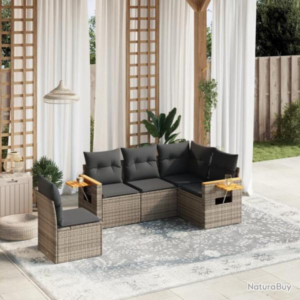 Salon de jardin 5 pcs avec coussins gris rsine tresse