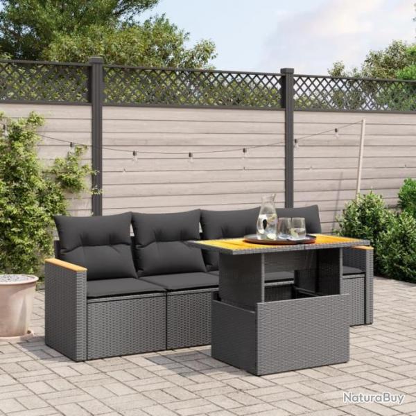 Salon de jardin 5 pcs avec coussins noir rsine tresse