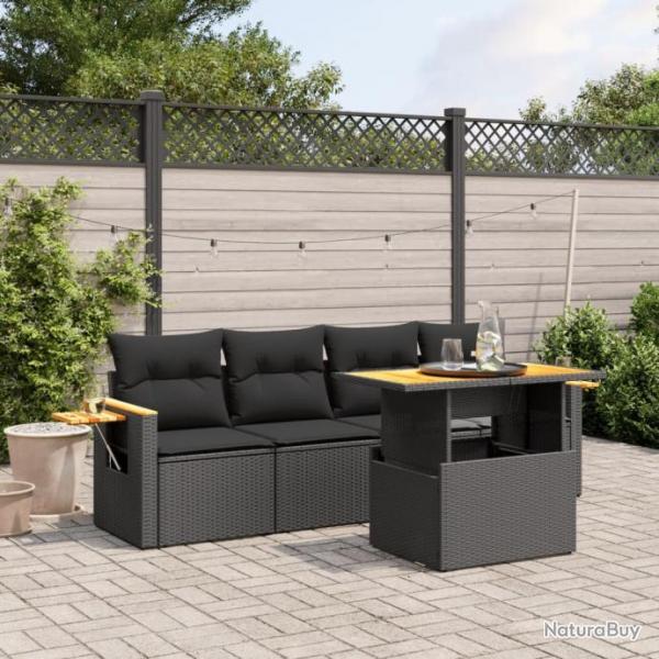 Salon de jardin 5 pcs avec coussins noir rsine tresse