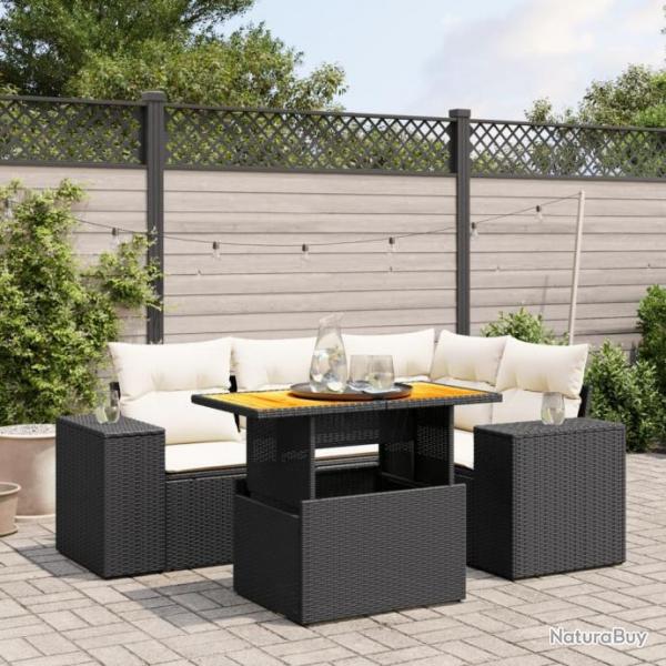 Salon de jardin 5 pcs avec coussins noir rsine tresse