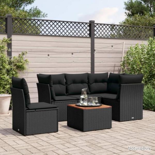 Salon de jardin 6 pcs avec coussins noir rsine tresse