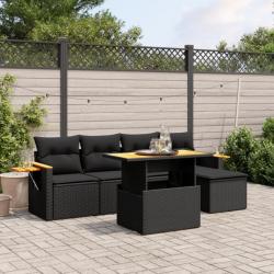 Salon de jardin 6 pcs avec coussins noir résine tressée